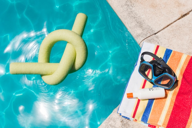 Brille mit Lotion auf Handtuch in der Nähe von Pool