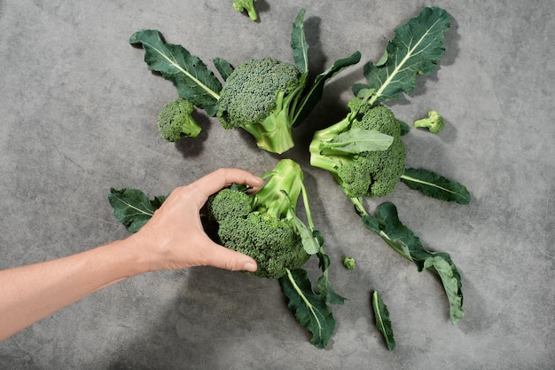 Brokkoli sind auf grauem Hintergrund ausgelegt, Ansicht von oben. Frauenhand nimmt einen Kohl zum Kochen des Abendessens. Gesunde Gemüseprodukte, Lebensmittellieferung von Bauernhöfen