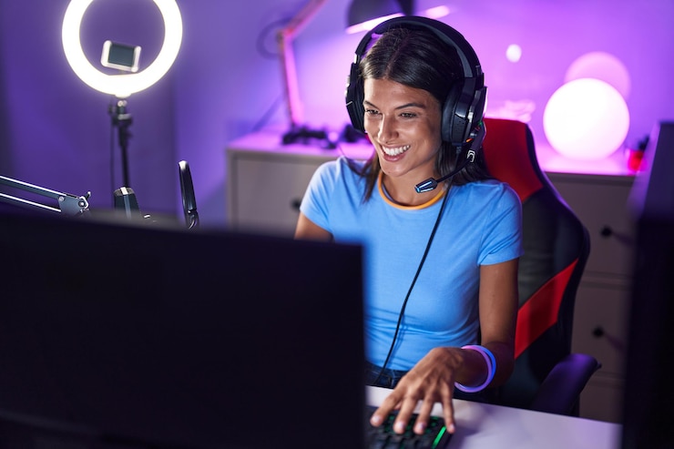 Kostenlose Foto brünette junge frau, die videospiele spielt, sieht positiv und glücklich aus, steht und lächelt mit einem selbstbewussten lächeln und zeigt zähne