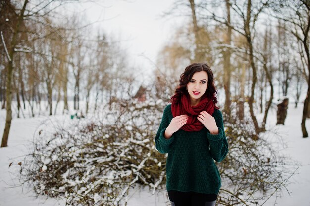 Brünettes Mädchen in grünem Pullover und rotem Schal im Freien am abendlichen Wintertag