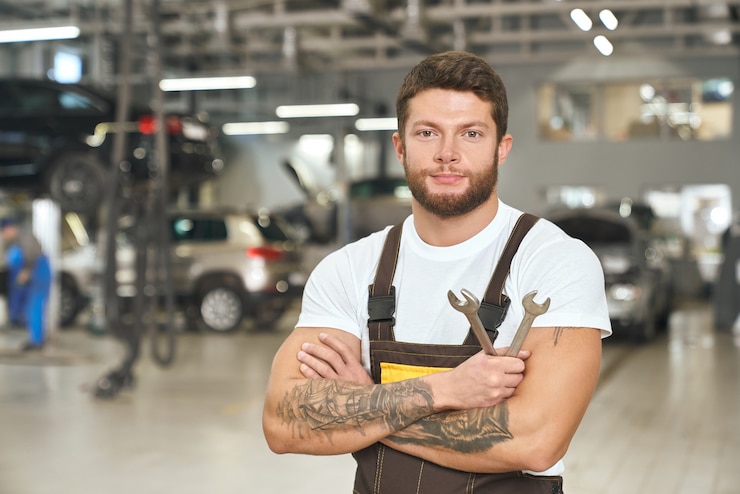 Kostenlose Foto brutaler, muskulöser mechaniker, der schraubenschlüssel hält und posiert.