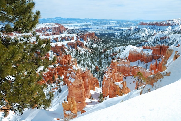 Bryce Canyon Panorama mit Schnee im Winter mit roten Felsen und blauem Himmel.