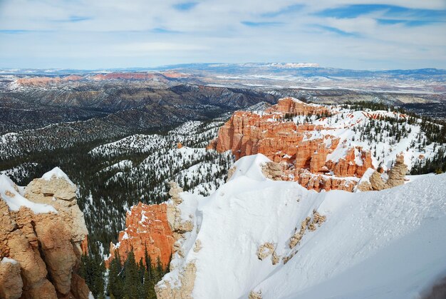 Bryce Canyon Panorama mit Schnee im Winter mit roten Felsen und blauem Himmel.