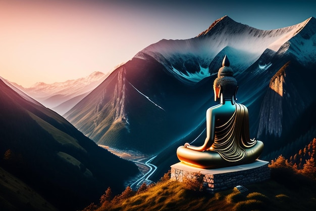 Kostenloses Foto buddha-statue in den bergen mit bergen im hintergrund