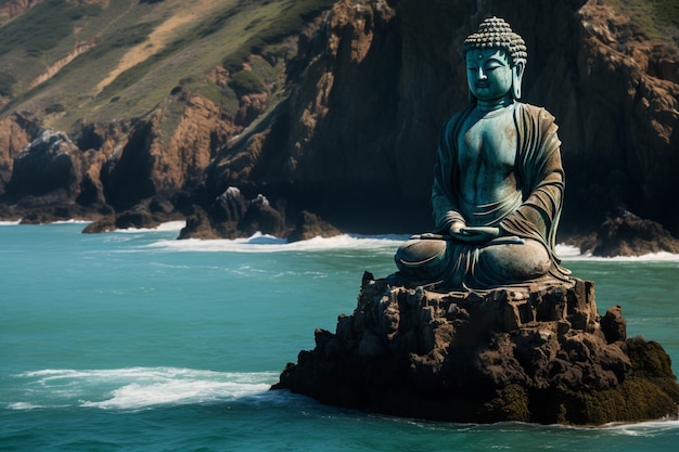 Kostenloses Foto buddha-statue mit natürlicher wasserlandschaft