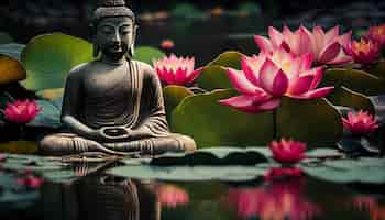 Kostenloses Foto buddhist meditiert durch lotusteich ruhige harmonie generative ki