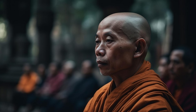 Buddhistischer Mönch, der im Freien in einer berühmten, von KI generierten Stadt meditiert