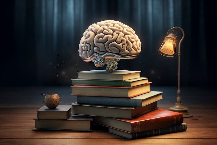 Kostenlose Foto bücher mit gehirn im digitalen kunststil für den bildungstag