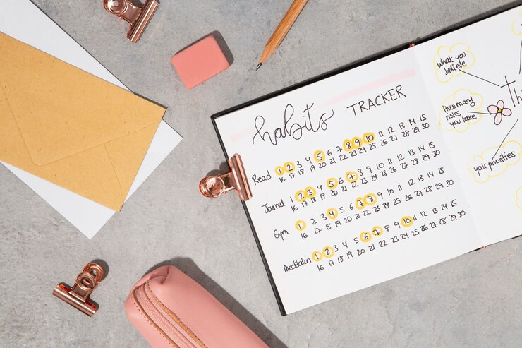 Kostenlose Foto bullet journal und schreibtischzubehör liegen flach