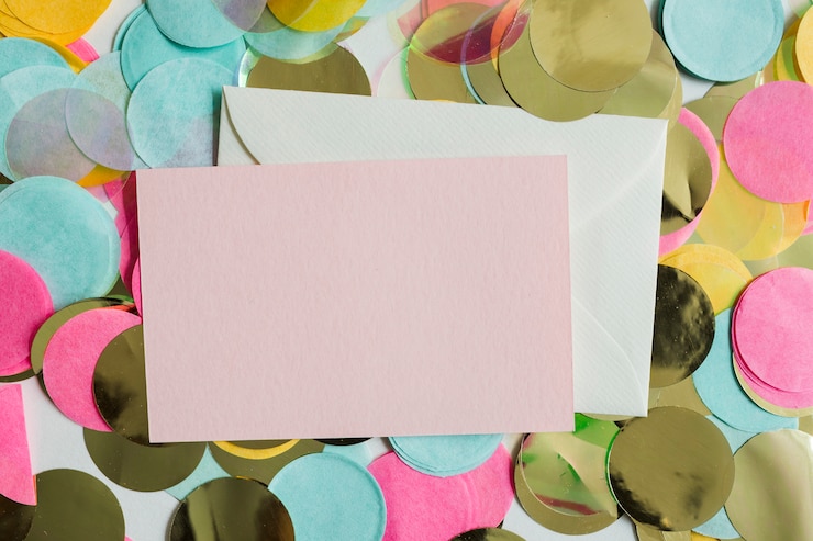 Kostenlose Foto bunte goldene konfetti der draufsicht mit umschlägen