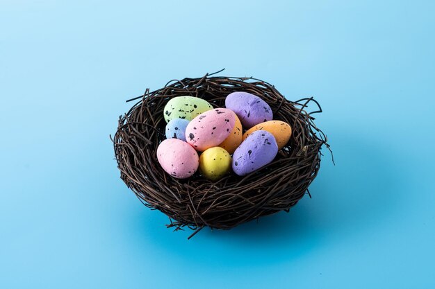 Bunte Ostereier in einem Nest auf blauem Hintergrund