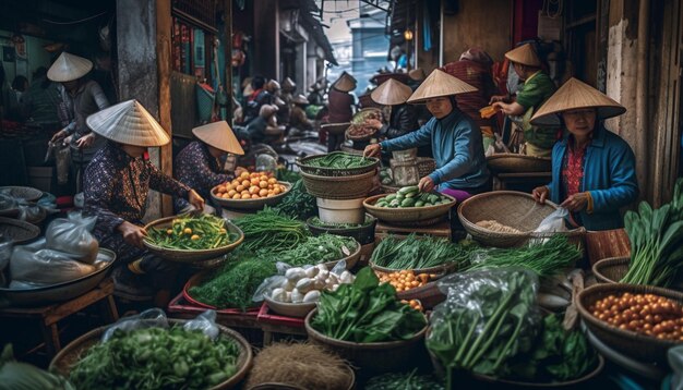 Bunte vietnamesische Verkäufer verkaufen frische Produkte auf einem von KI generierten Markt