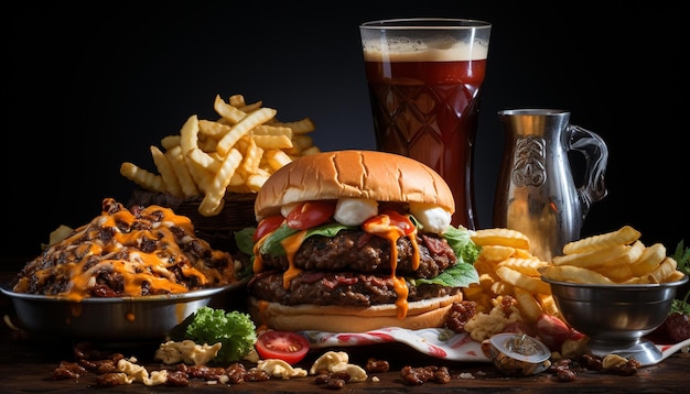 Kostenloses Foto burger, pommes, käse, zwiebeln, brot, cola, generiert durch künstliche intelligenz