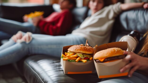 Burger und Pommes auf dem Sofa und verschwommenes Porträt von Teenagern, die auf dem Sofa sitzen und fernsehen