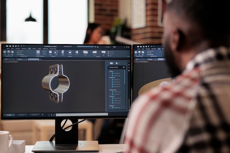 Kostenlose Foto cad-ingenieur, der mit fertigungssoftware arbeitet, um industriemaschinen und getriebemodelle zu entwickeln. engineering technisches maschinenprodukt auf computer, entwicklung der bauindustrie.