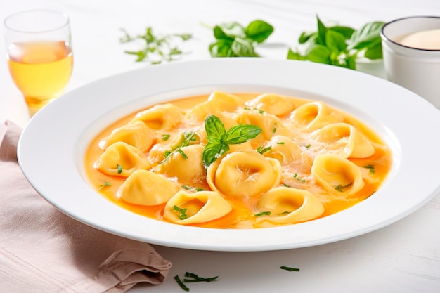 Kostenloses Foto cappelletti in brodo traditionelle italienische suppe auf holztisch