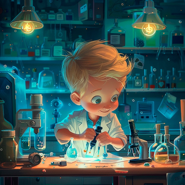 Cartoon-Illustration aus dem Chemie-Labor für Kinder