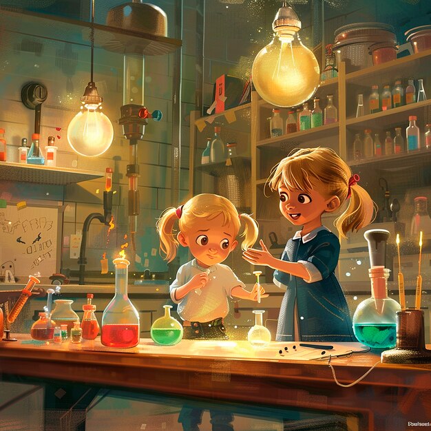 Cartoon-Illustration aus dem Chemie-Labor für Kinder