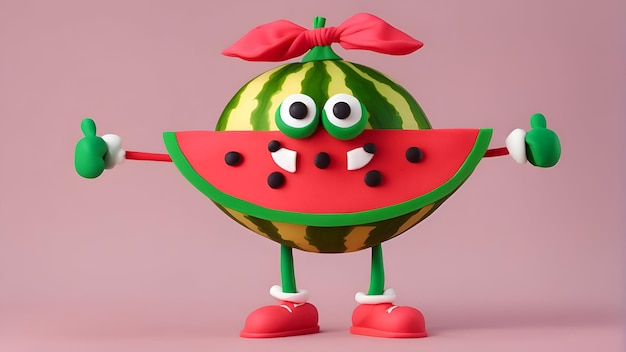 Kostenloses Foto cartoon-wassermelonenfigur mit roter schleife auf dem kopf, 3d-illustration