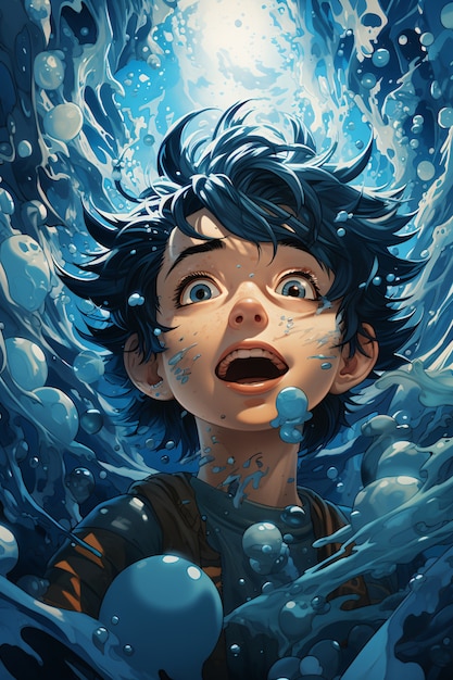 Charakter im Anime-Stil mit Wasser