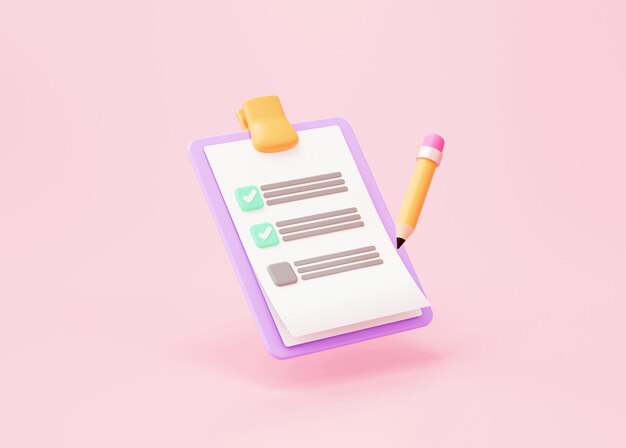 Checkliste Zwischenablage und Bleistiftsymbol Zeichen oder Symbol Erinnerung Checkbox Dokument Bericht Konzept auf rosa Hintergrund 3D-Rendering