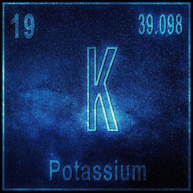 Chemisches Element Kalium, Zeichen mit Ordnungszahl und Atomgewicht, Element des Periodensystems