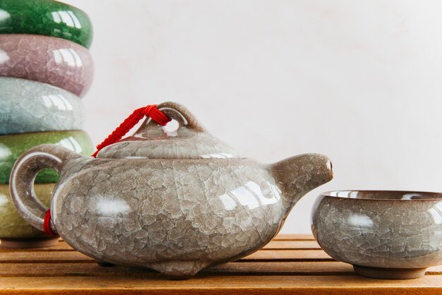 Chinesische keramische Teekannen- und Teeschalen auf hölzernem Schreibtisch gegen Wand
