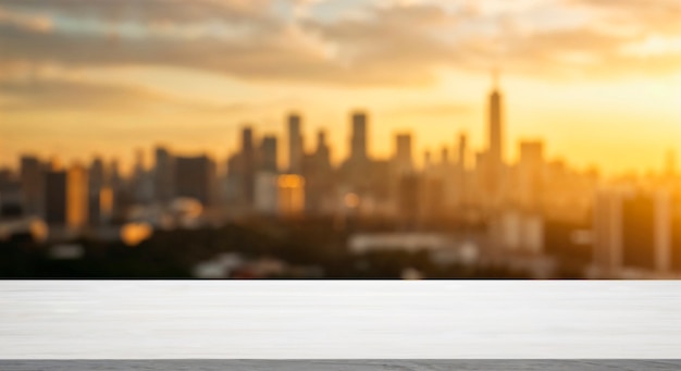 Cityscape silhouette at sunrise with tabletop
