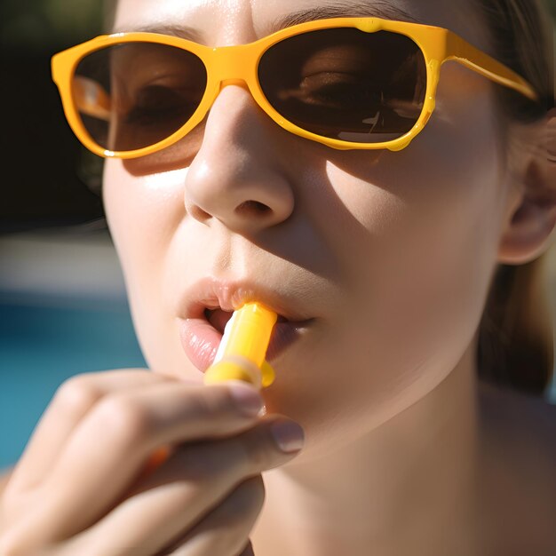 Kostenloses Foto close-up-porträt einer schönen jungen frau in gelber sonnenbrille, die eis isst