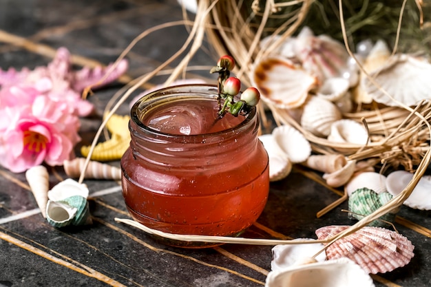 Cocktail im Glas um Muscheln und Seesterne