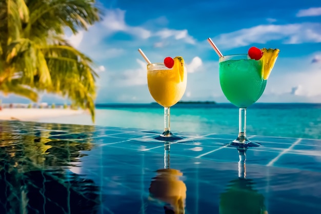 Cocktail in der nähe des swimmingpools vor dem hintergrund des indischen ozeans, malediven.