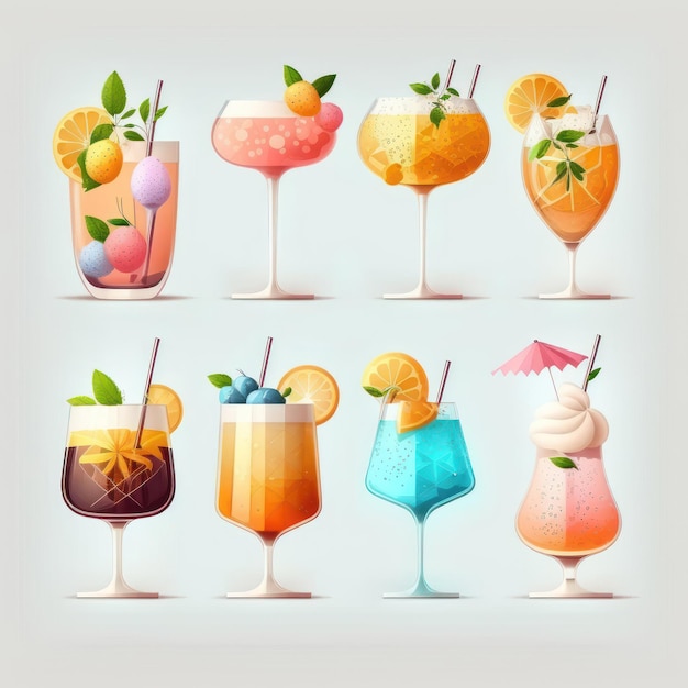 Kostenloses Foto cocktails-set bunte getränke mit eis, orange, zitrone, erdbeere, blaubeere, kirsche und minze