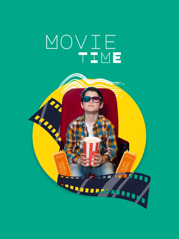 Kostenlose Foto collage über filmzeit mit kind, das popcorn hält