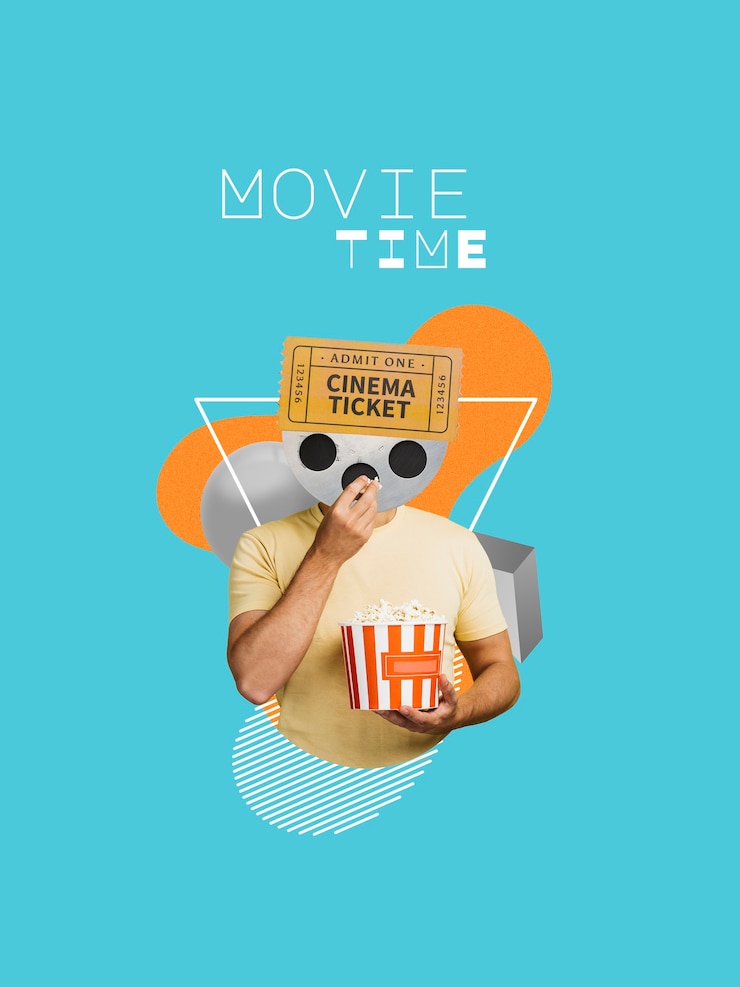 Kostenlose Foto collage über filmzeit mit mann, der popcorn isst