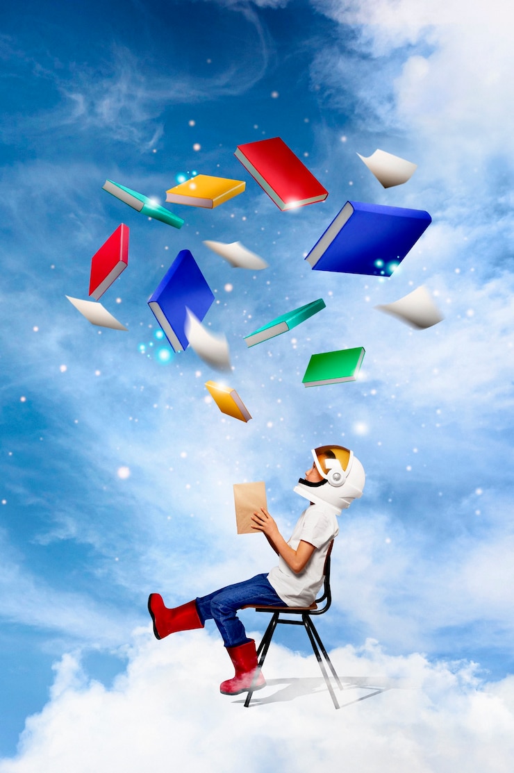 Kostenlose Foto collage über kindheit mit kind, das buch hält