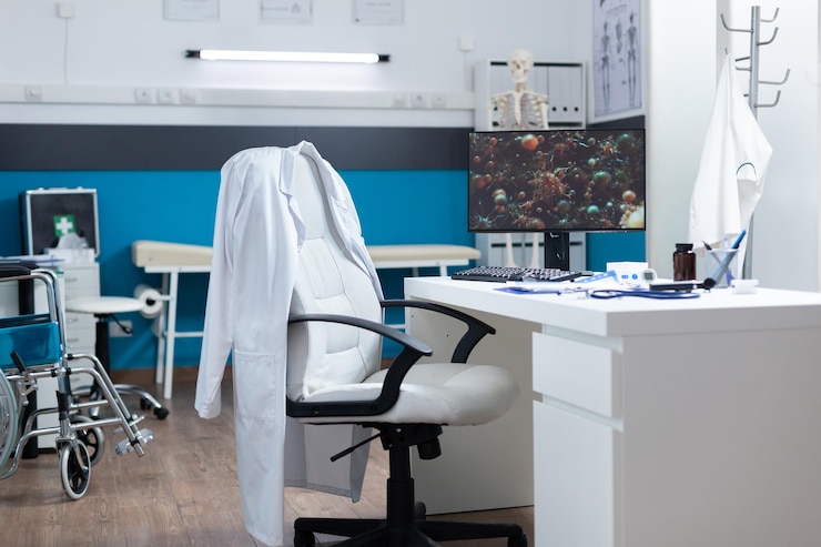 Kostenlose Foto computer mit covid19-illustration auf dem bildschirm, der während der globalen pandemie auf dem schreibtisch in einem leeren büroraum steht. modernes krankenhauszimmer, ausgestattet mit professionellen medizinischen instrumenten. bild der viruszelle