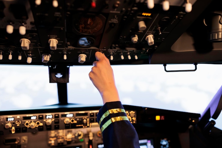 Kostenlose Foto copilotin drückt knöpfe und schaltet armaturenbrett ein, fliegendes flugzeug mit navigations- und steuerbefehl. verwenden sie den motorhebel und den radarkompass, um mit dem flugzeug abzuheben. nahansicht.