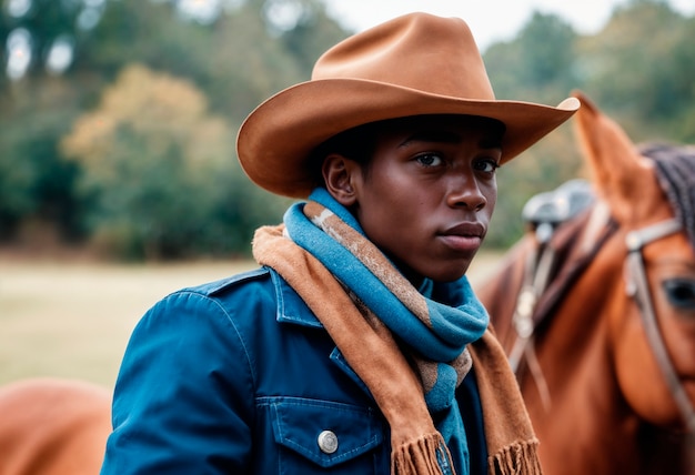Kostenloses Foto cowboy-porträt bei tageslicht mit unfokussiertem landschaftshintergrund