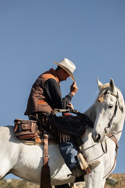 Kostenloses Foto cowboy-silhouette mit pferd gegen warmes licht