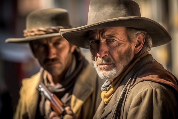 Kostenloses Foto cowboys-porträt in der alten westernstadt