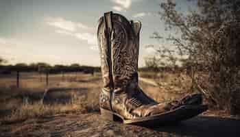 Kostenloses Foto cowboystiefel auf rustikalem zaun bei sonnenuntergang, generiert von ki