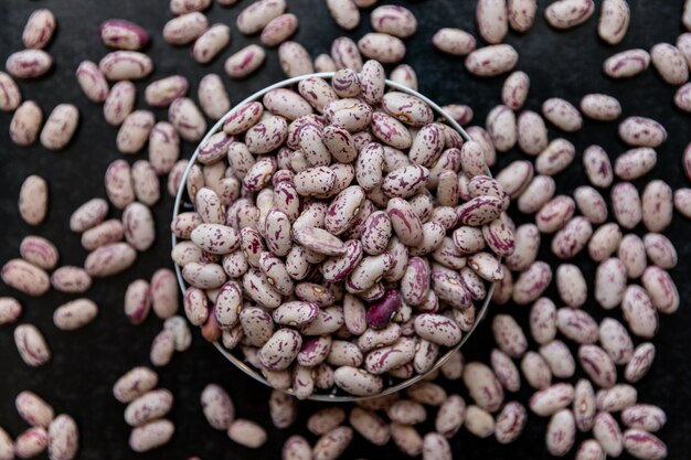 Cranberry römische Bohnen in einer Schüssel und herum. Draufsicht.