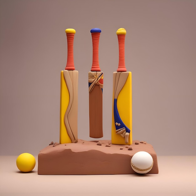 Kostenloses Foto cricketschläger und bälle 3d-illustration draufsicht