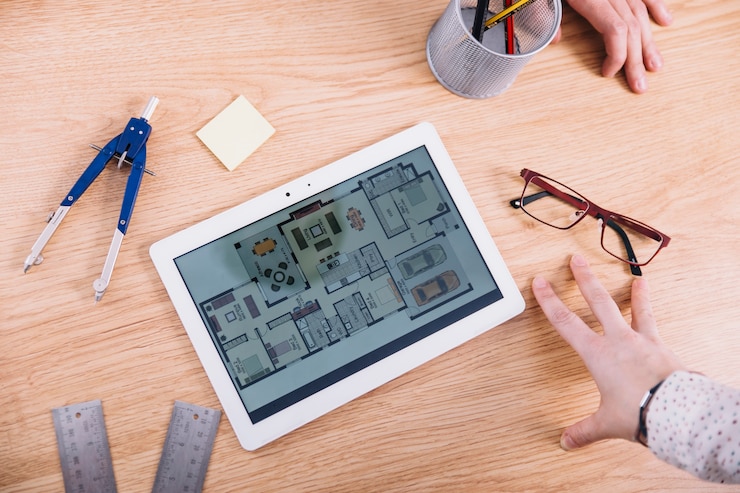 Kostenlose Foto crop hände in der nähe von tablet mit plan