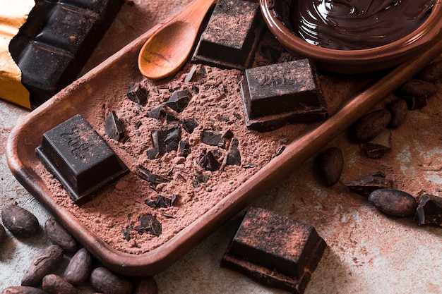 Crushed Bar Schokolade auf Kakaopulver mit Schokoladensauce