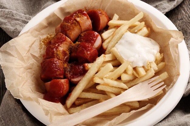 Currywurst mit Sauce und Pommes