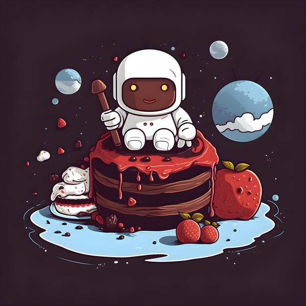 Kostenloses Foto cute cartoon-astronaut sitzt auf einem kuchen vektor-illustration auf einem dunklen hintergrund