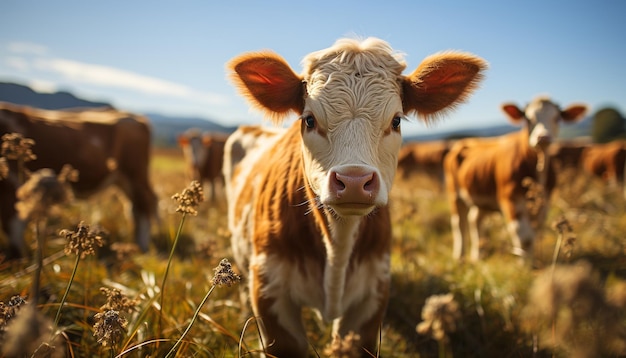 Cute Kuh steht auf der grünen Wiese und schaut auf die von künstlicher Intelligenz erzeugte Kamera