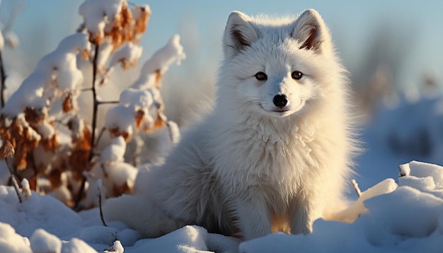 Cute Samoyed-Hündchen spielt im schneebedeckten Wald und schaut auf eine von KI erzeugte Kamera