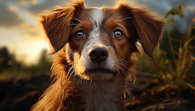 Cute Welpe sitzt im Gras und schaut in die Kamera mit Loyalität, die von künstlicher Intelligenz erzeugt wird